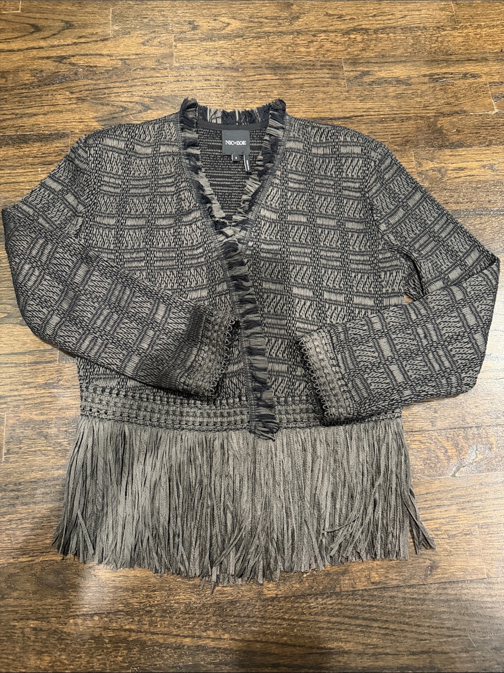 Nic+Zoe Gray Fringe Trim Knit Cardigan Sweater size small